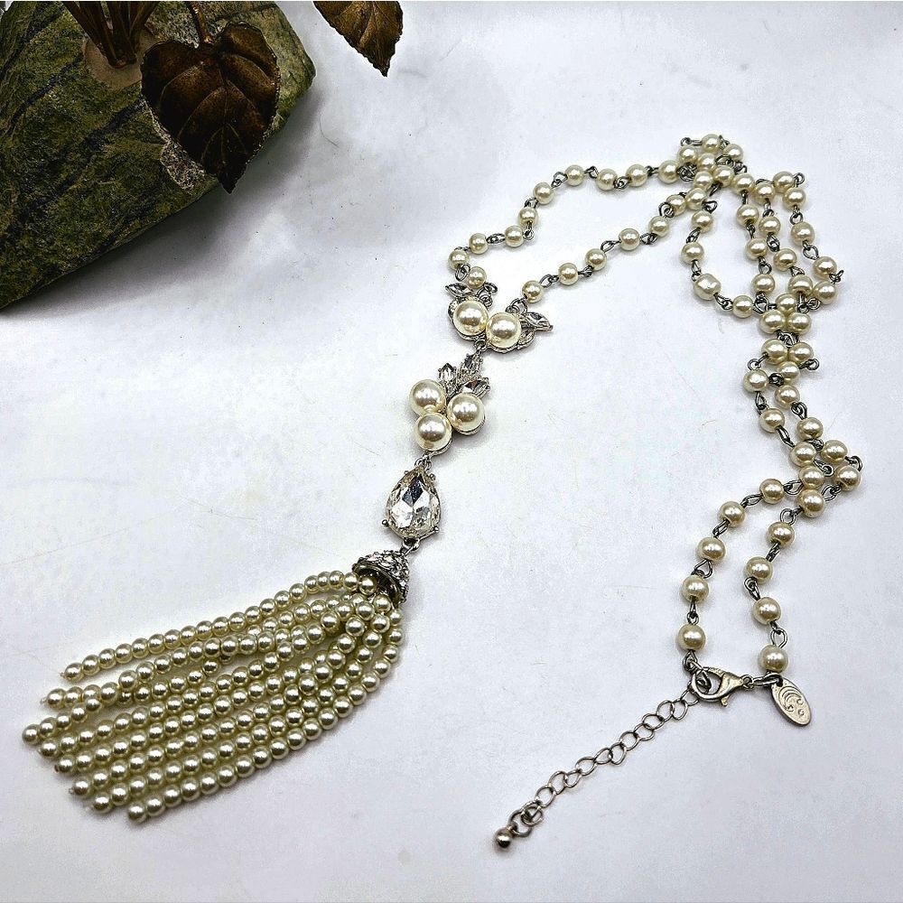 "5/$40" Charming Charlie Long Faux Pearl Rhinestone Tassel Adjustable Necklace